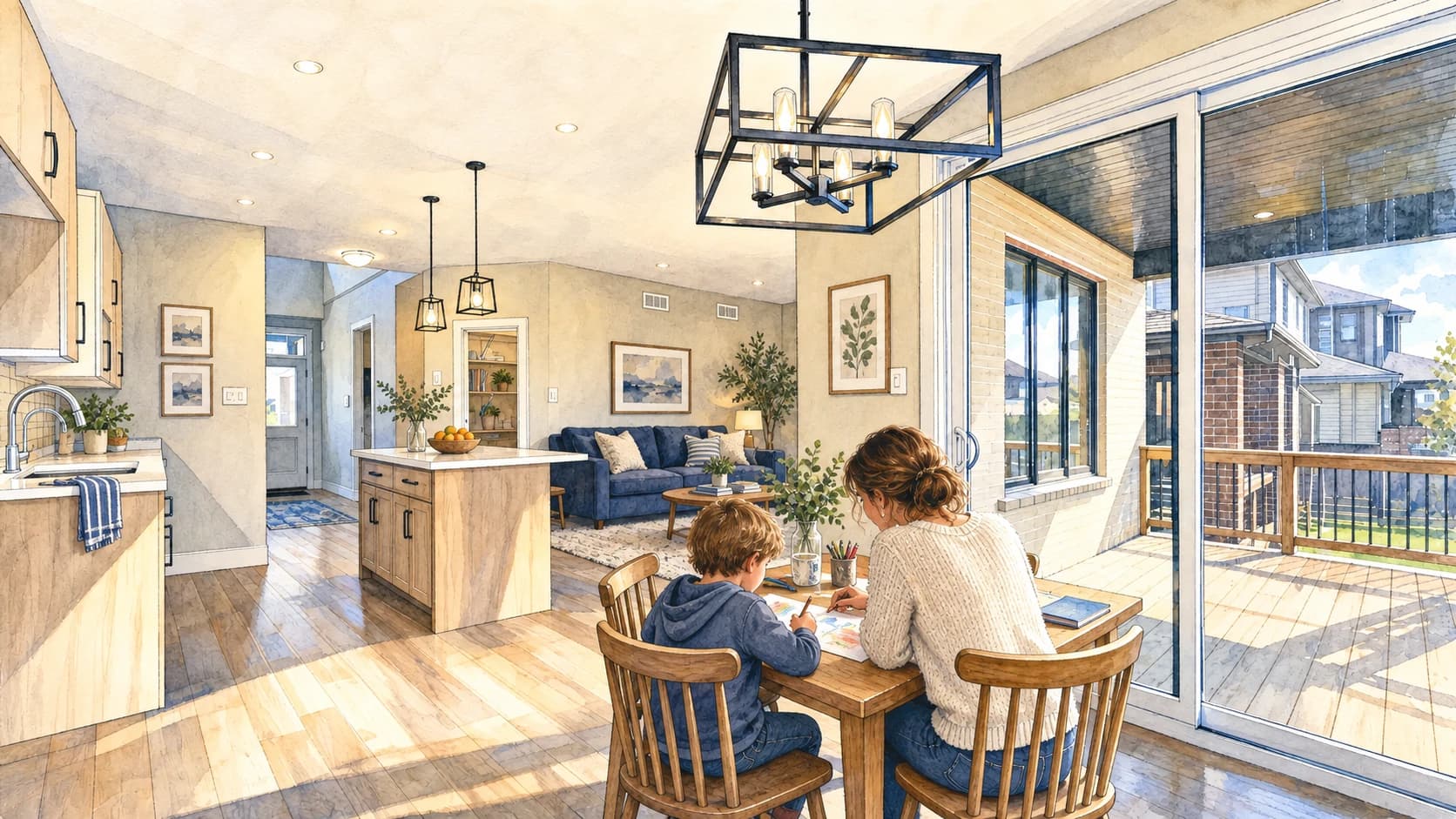 Watercolour interpretation of an adult and child drawing together at a table in a furnished Thomasfield home