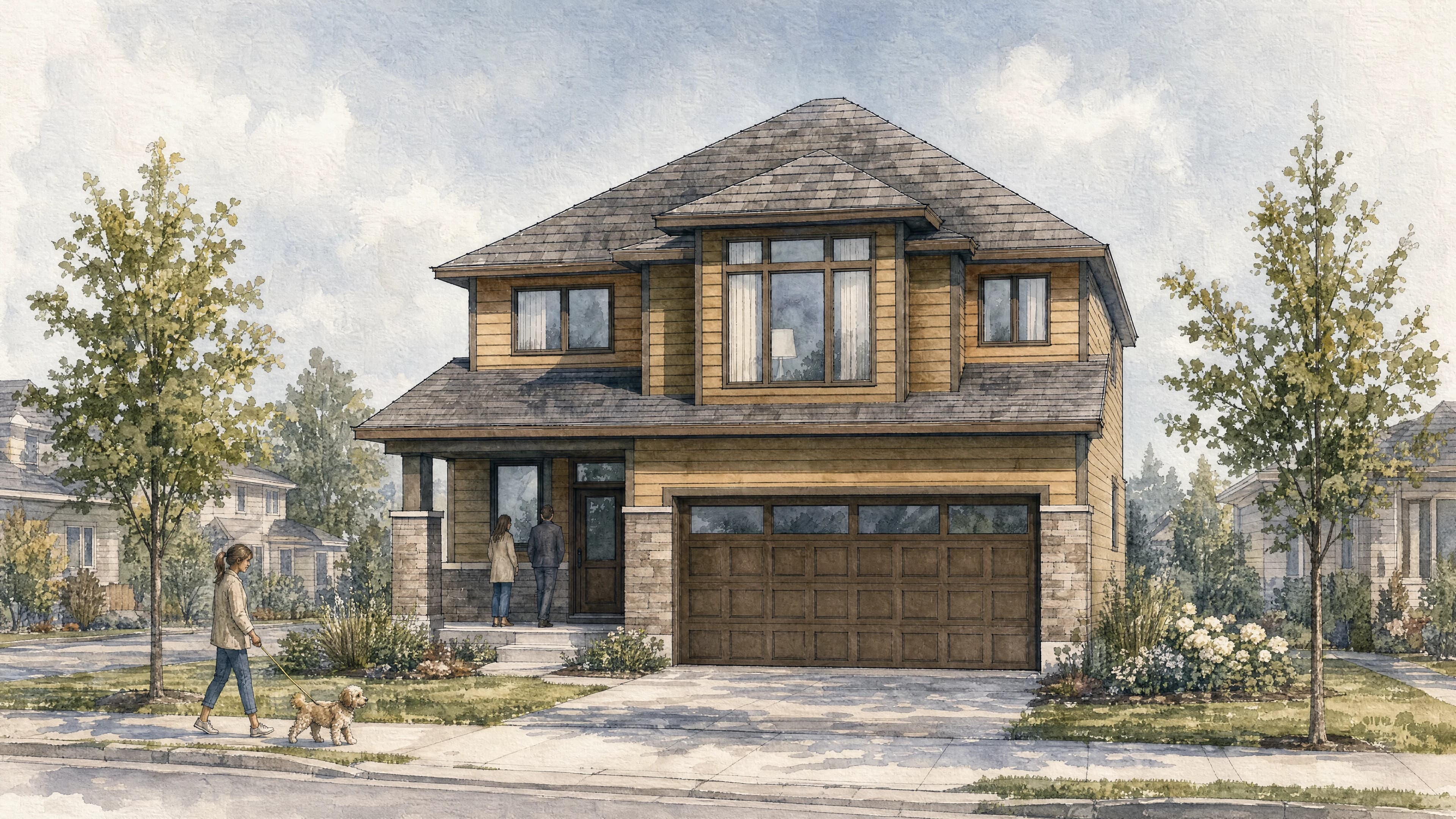 Watercolour interpretation of the Cedarwood home at Hopewell Crossing, with a landscaped front garden and people arriving home