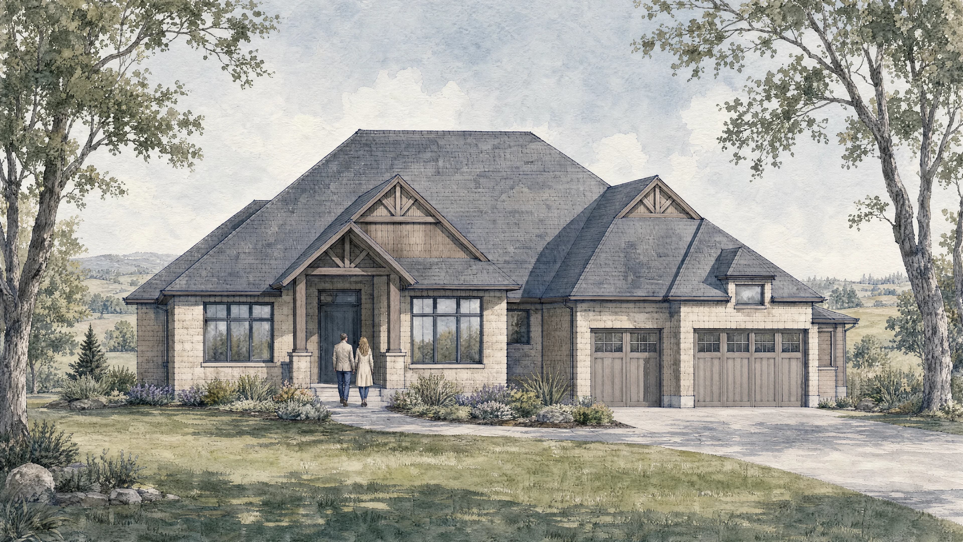 Watercolour interpretation of the Kingsbridge home at Ospringe Highlands, framed by trees and a broad front lawn