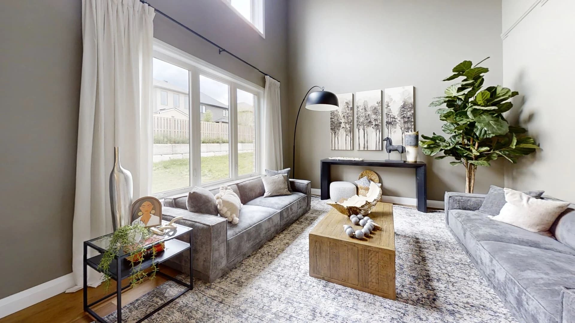 The Lakefield 2 model home's living room, photographed in its published virtual tour