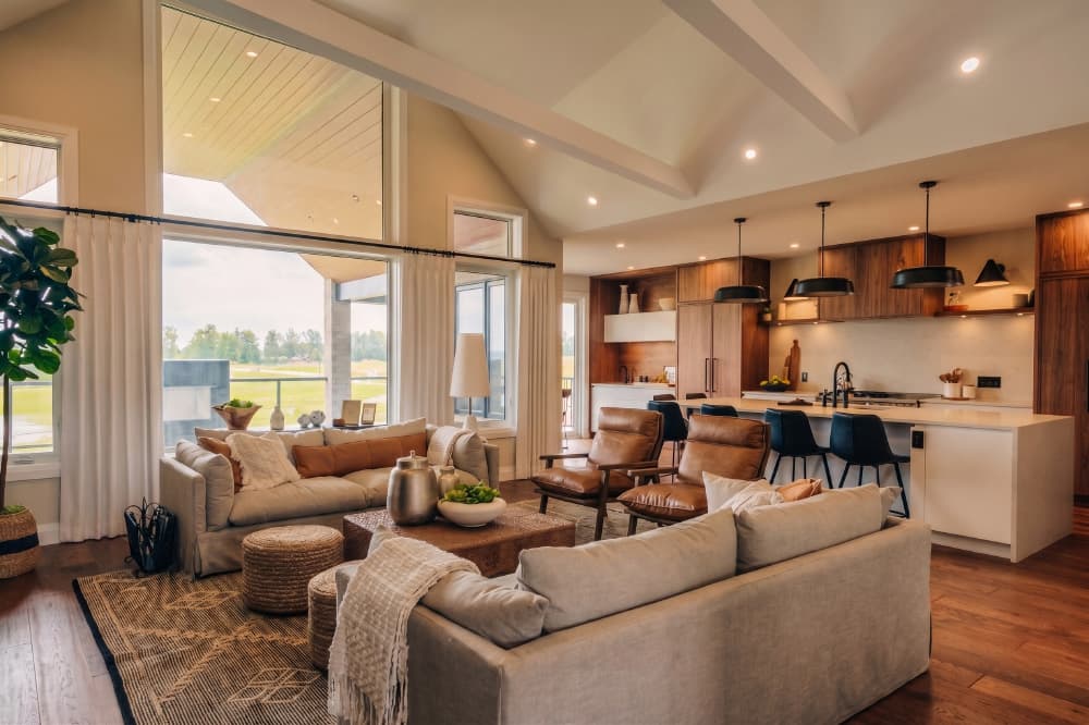 Kingsbridge’s open-plan living room and kitchen, with full-height windows